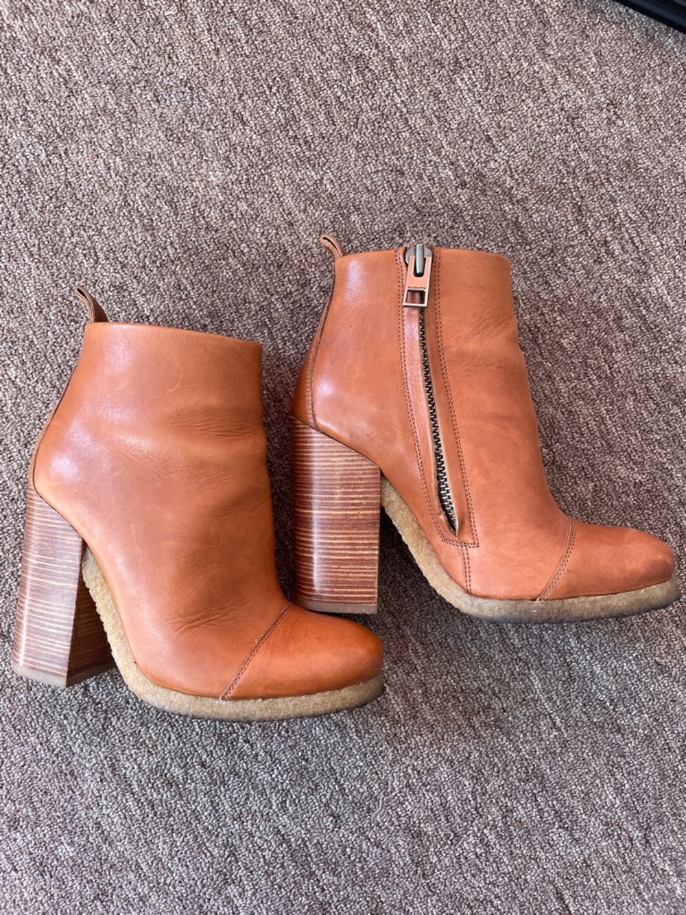 All Saints Cognac Leather Zip-Front Block Heel Ankle Boots